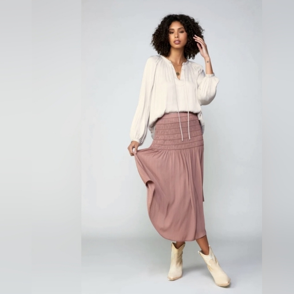 Anthropologie- Current Air Rosarita Skirt Pleated Smocked Waist Midi in Plum